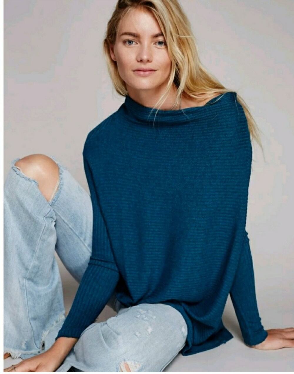 Free People Lover Rib Split Back Sweater Top Blue Long Sleeve Thermal Knit XS